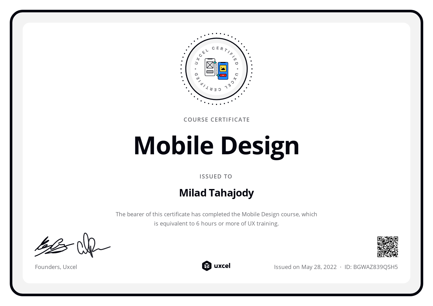 Milad Tahajody's certificate